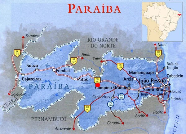 A map of the Brazilian state of Paraíba, with red title text at the top, blue highlighted coastal and inland water areas, labeled cities such as Souza, Patos, and Campina Grande, plus a small inset map in the upper right showing the state within Brazil.